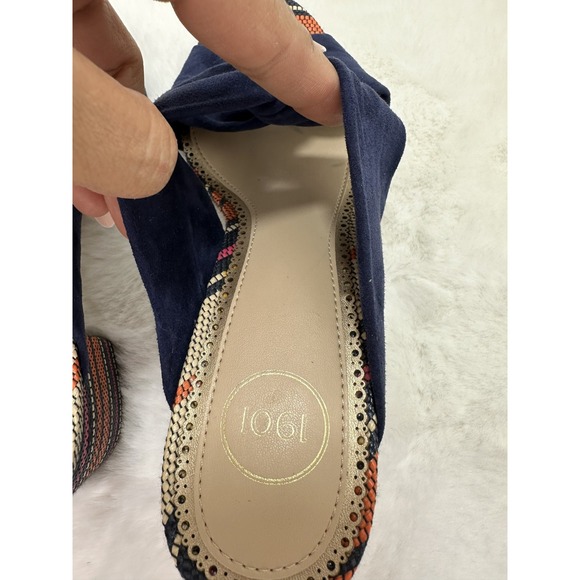 1901 Suede Knotted Bow Sandals Womens Sz 7.5M Blue Boho Woven Raffia Block Heels - Picture 9 of 11